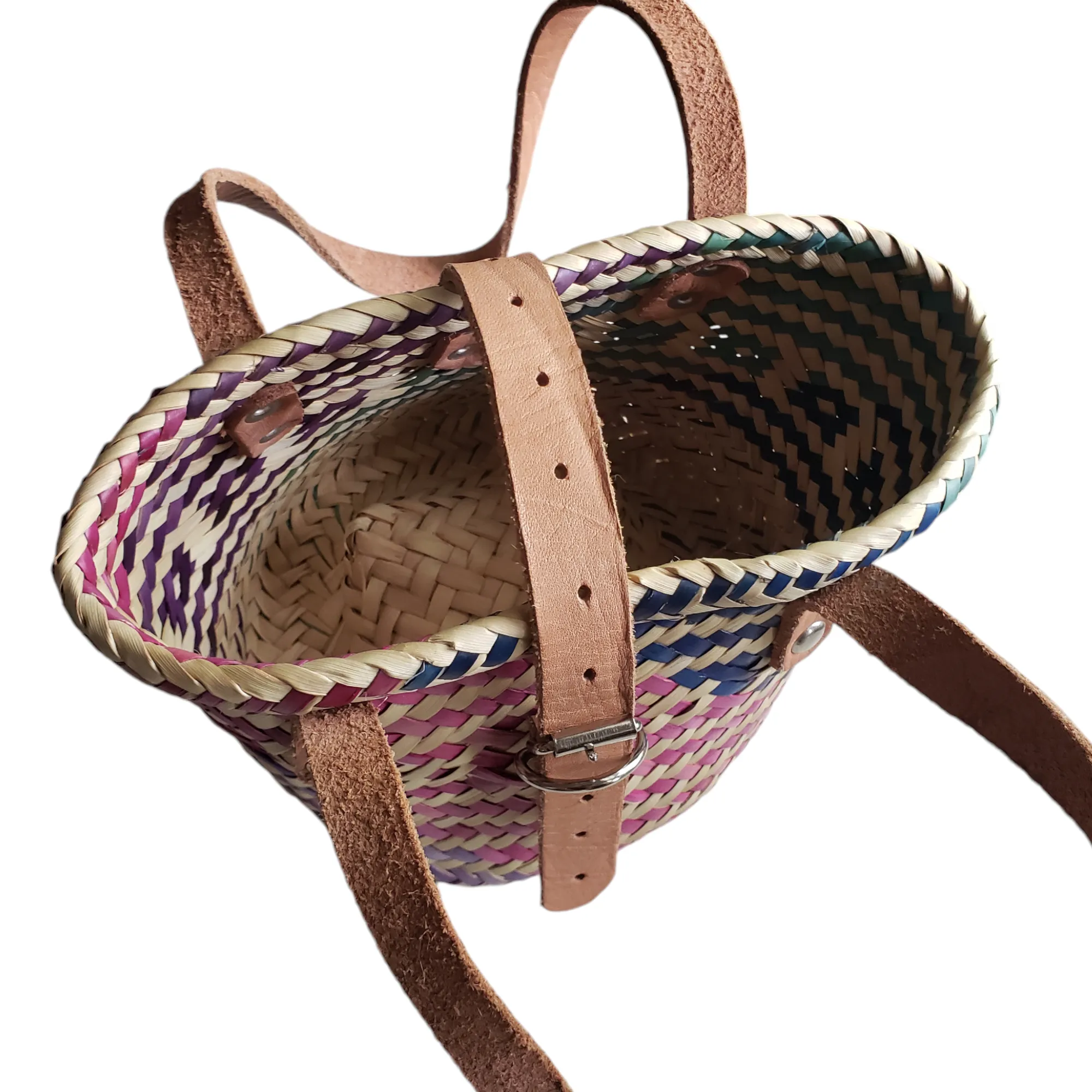 Small Multicolor Oaxacan Palm Basket Bag with Leather Strap from Mexico