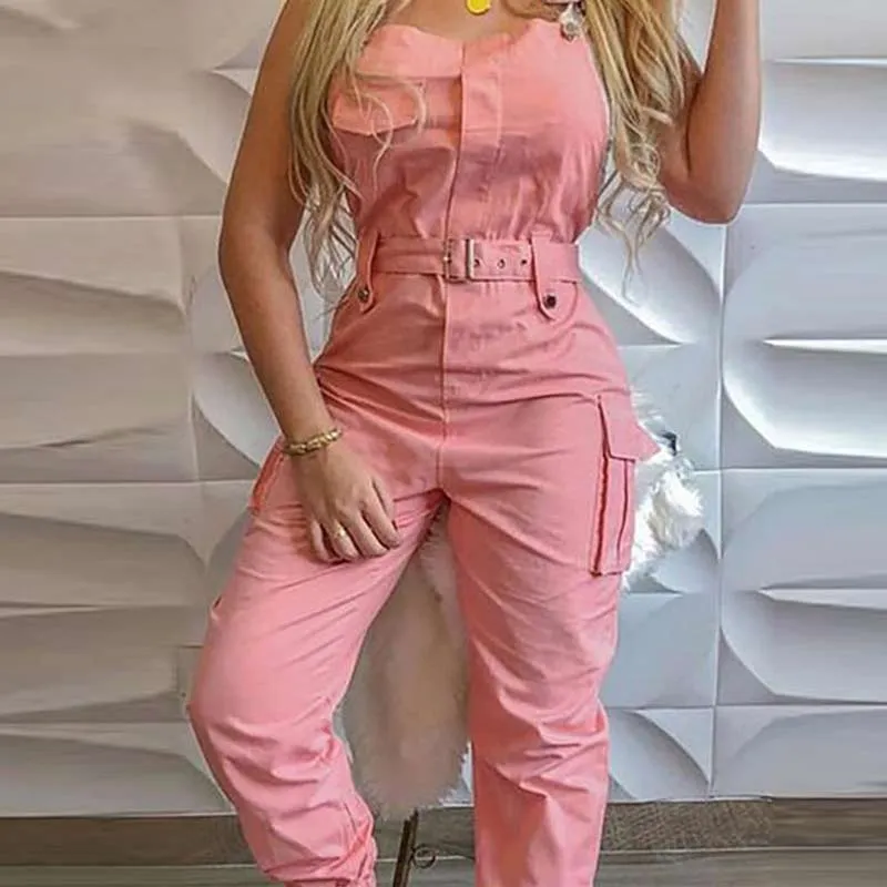 Solid Sleeveless Pocket Design Suspender Jumpsuit With Belt