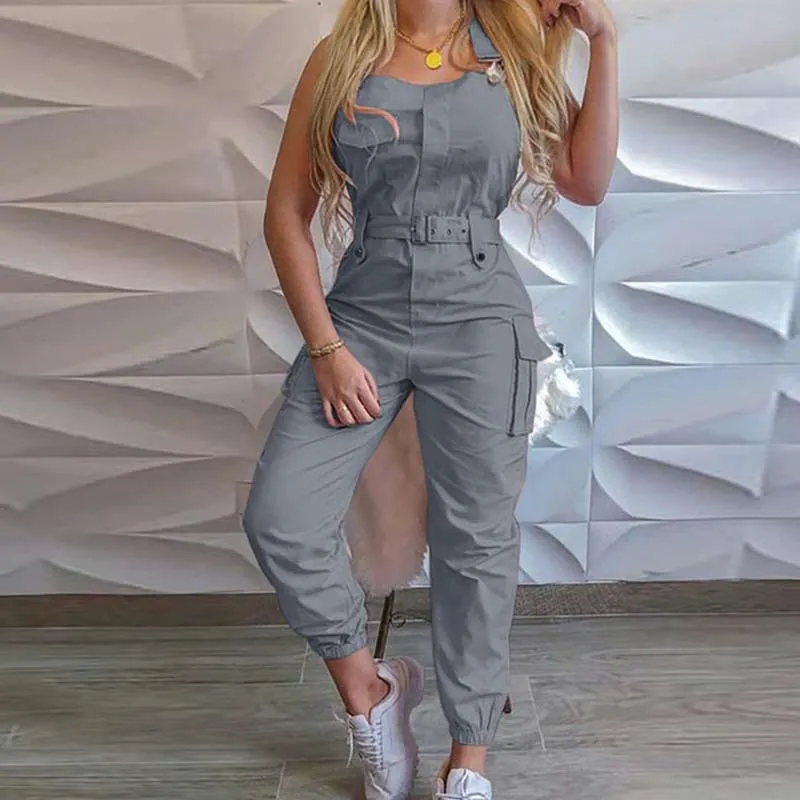 Solid Sleeveless Pocket Design Suspender Jumpsuit With Belt