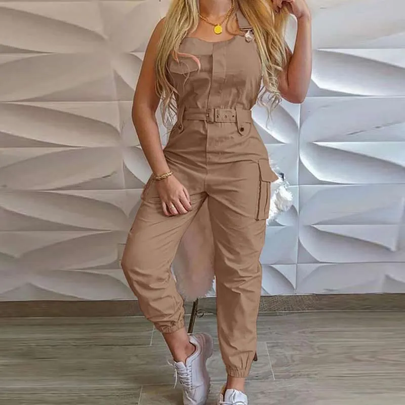 Solid Sleeveless Pocket Design Suspender Jumpsuit With Belt