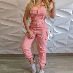 Solid Sleeveless Pocket Design Suspender Jumpsuit With Belt