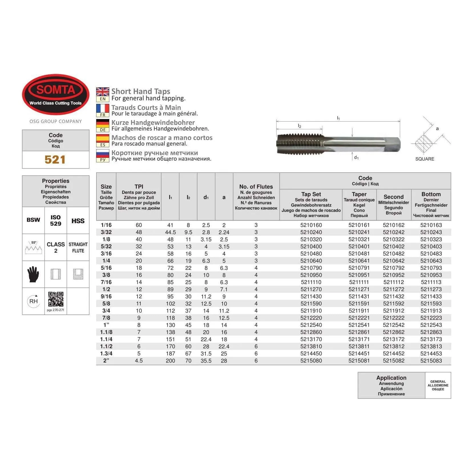 SOMTA - Series 521 HSS BSW Tap 1"Taper (Whitworth) - Short Hand Tap