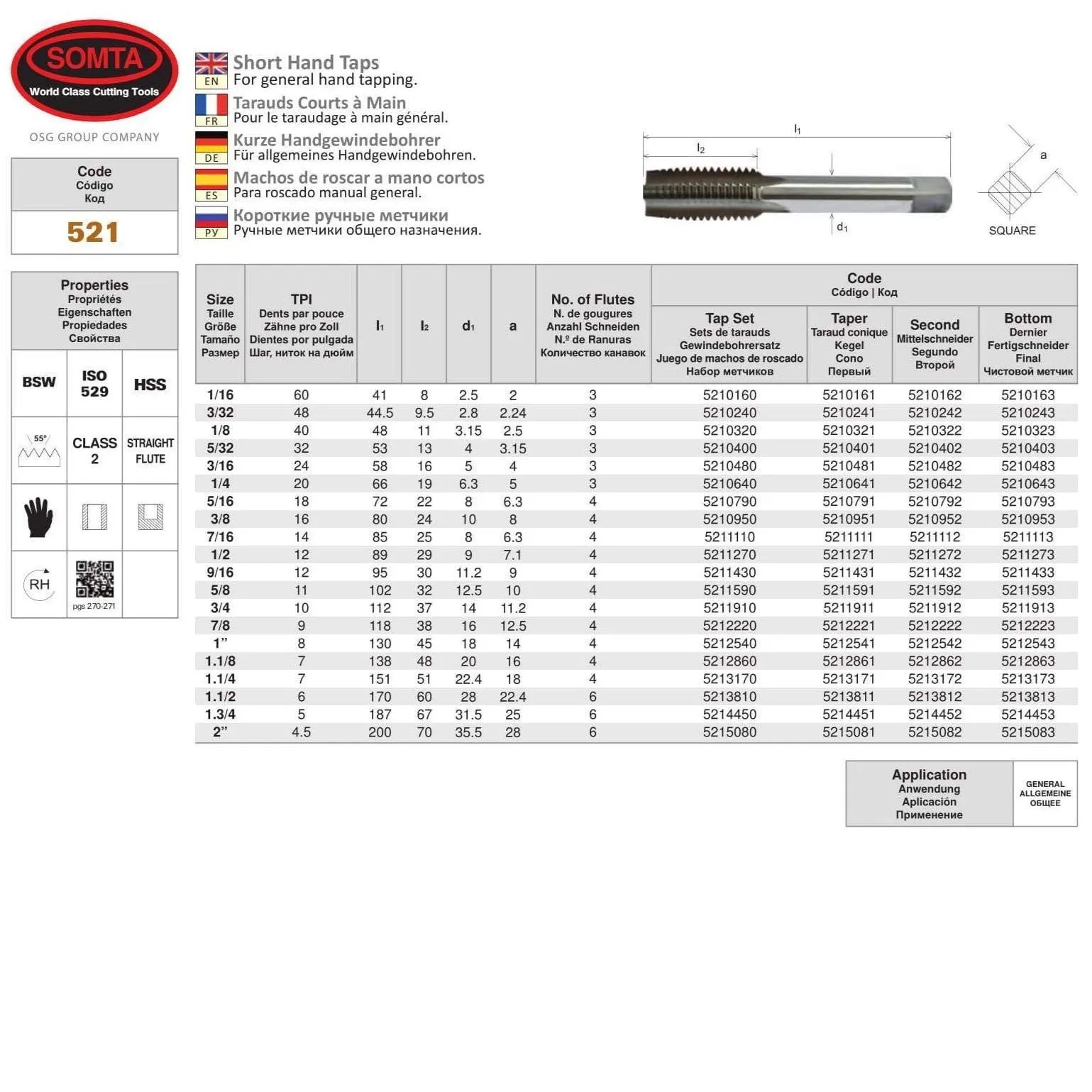 SOMTA - Series 521 HSS BSW Tap 2" Intermediate (Whitworth)