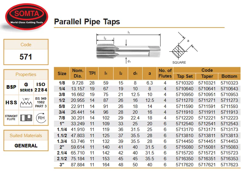 SOMTA - Series 571 HSS BSP-G Tap 3/8" Taper - Parallel Pipe Tap
