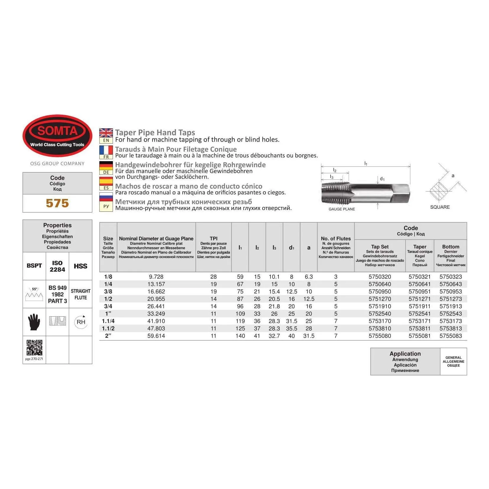 SOMTA - Series 575 HSS BSPT Tap 1-1/2" (Bottoming Lead, Taper Form)
