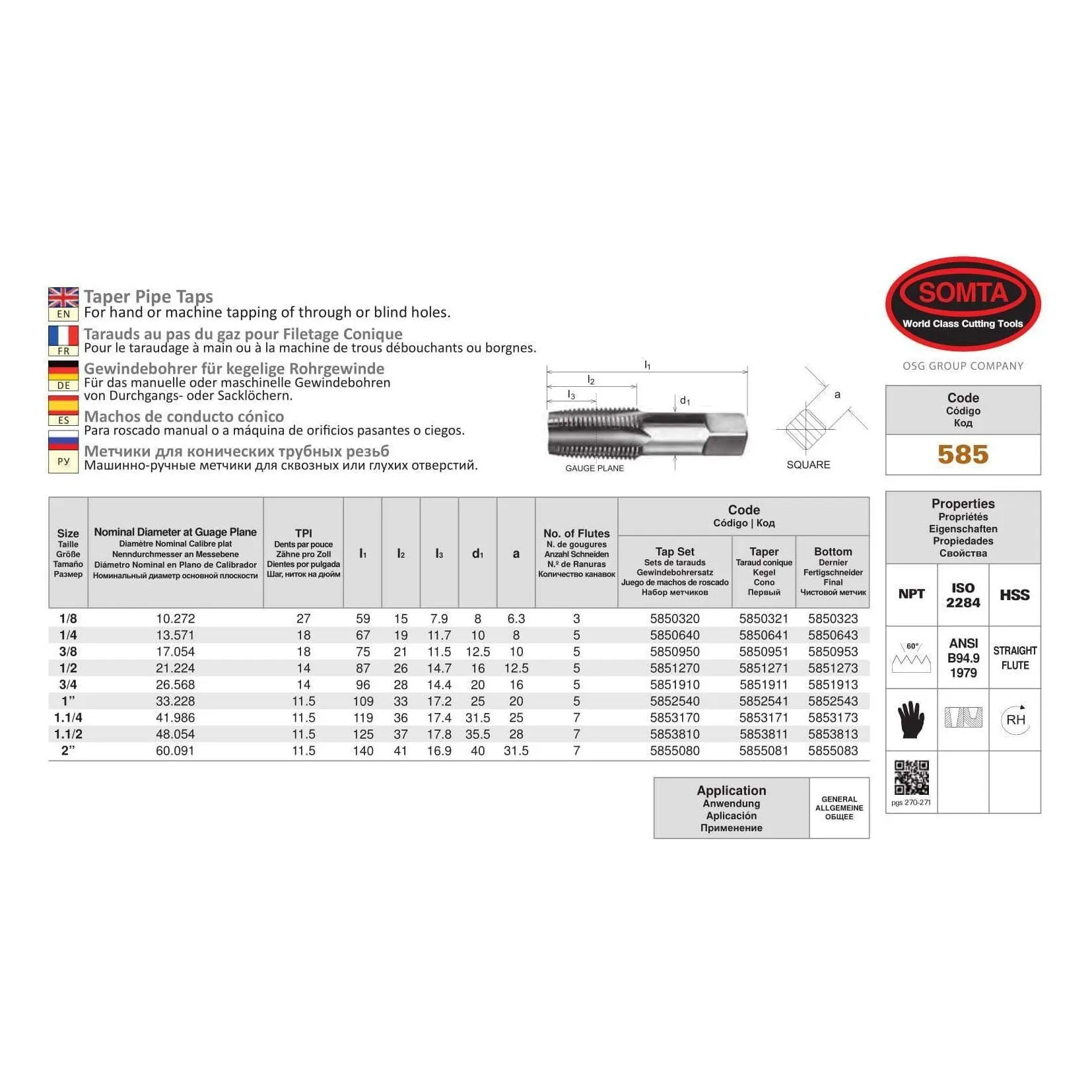 SOMTA - Series 585 HSS NPT Tap 1-1/4" (Bottoming Lead, Taper Form)