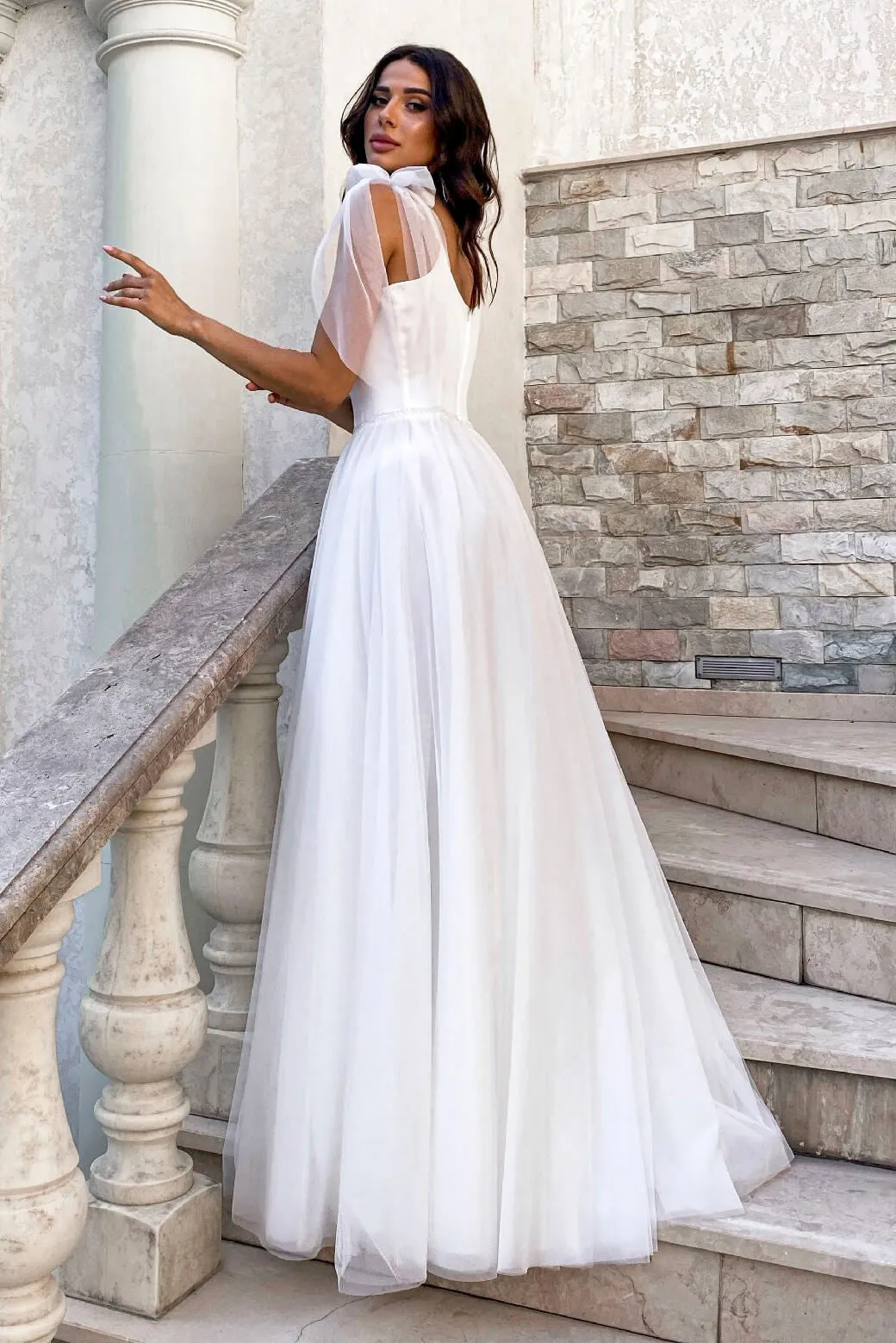 Spaghetti Satin Tulle V-neck Simple And Cute Wedding Dress With Bows On Shoulder-715868