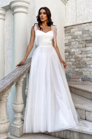 Spaghetti Satin Tulle V-neck Simple And Cute Wedding Dress With Bows On Shoulder-715868