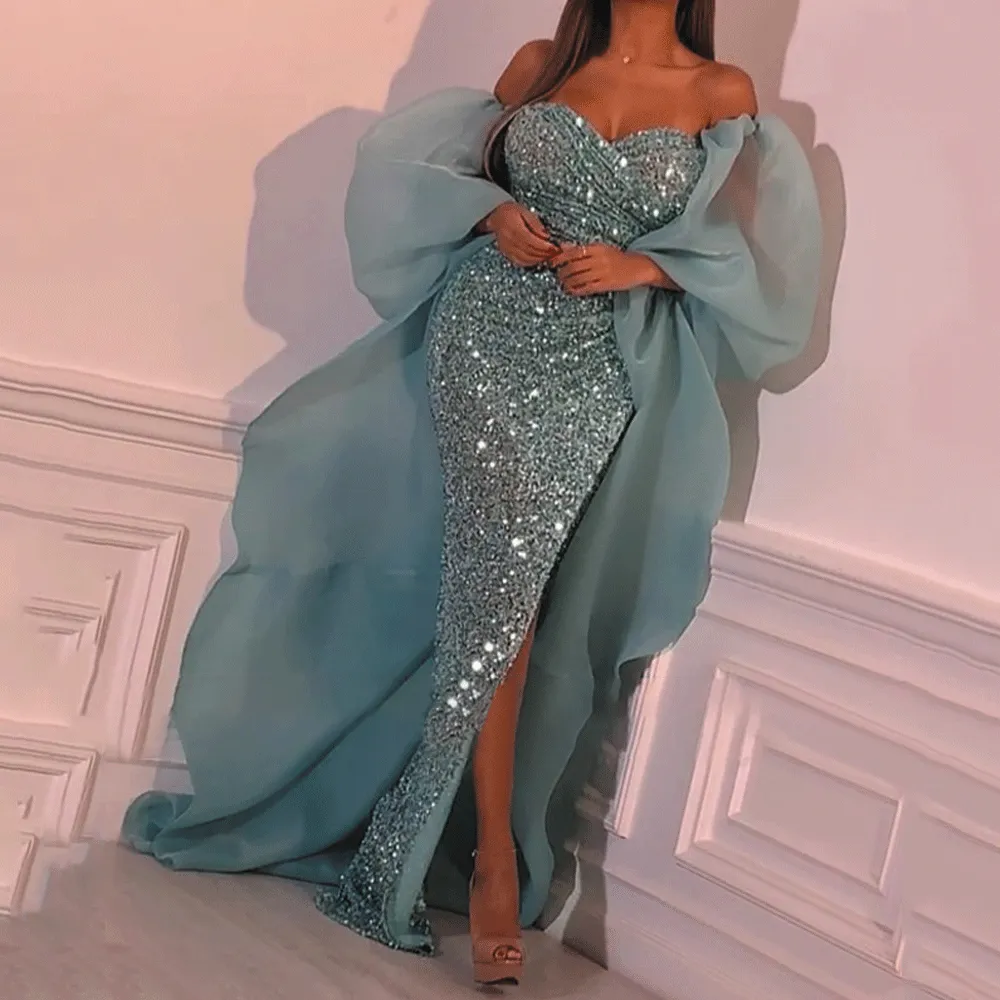 sparkly evening dresses long mermaid turquoise blue luxury Dubai fashion elegant evening gown formal dress