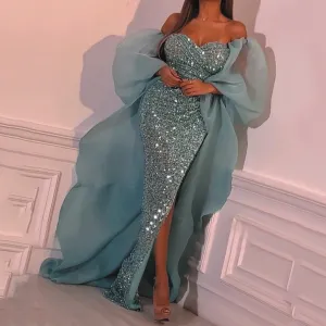 sparkly evening dresses long mermaid turquoise blue luxury Dubai fashion elegant evening gown formal dress