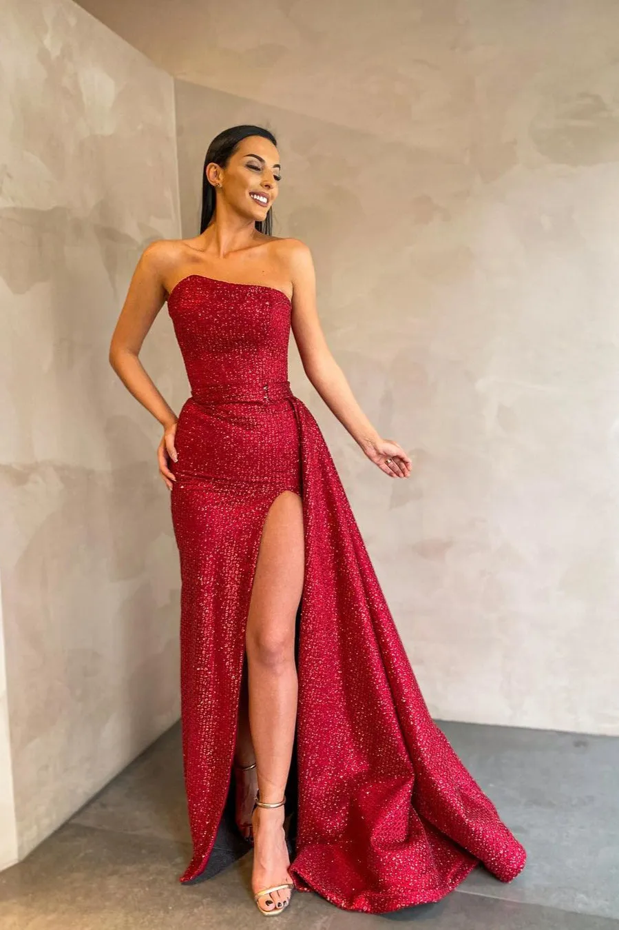Special Strapless Sexy Front Slit Evening Dress Red Long