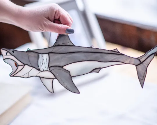 Stained Glass Shark Suncatcher, Gray Fish Window Hangings