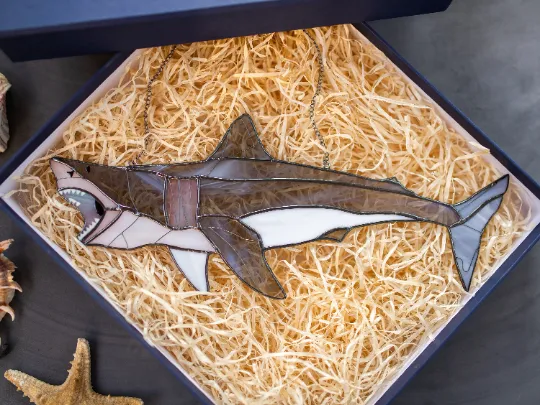 Stained Glass Shark Suncatcher, Gray Fish Window Hangings