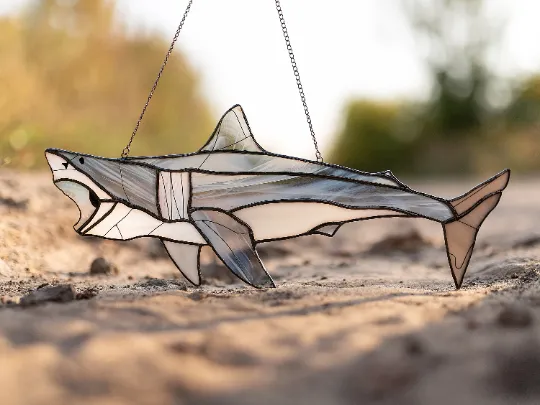 Stained Glass Shark Suncatcher, Gray Fish Window Hangings