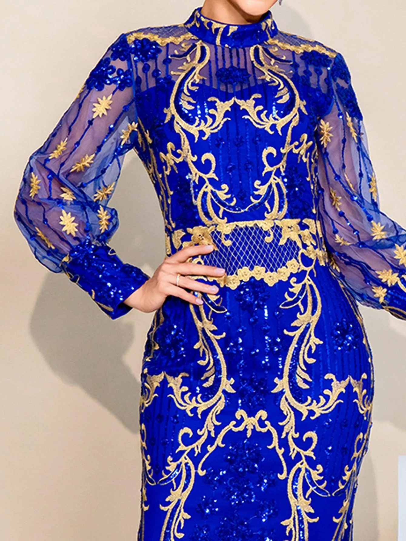 Stand Collar Lantern Sleeve Sequin Dress GM00401