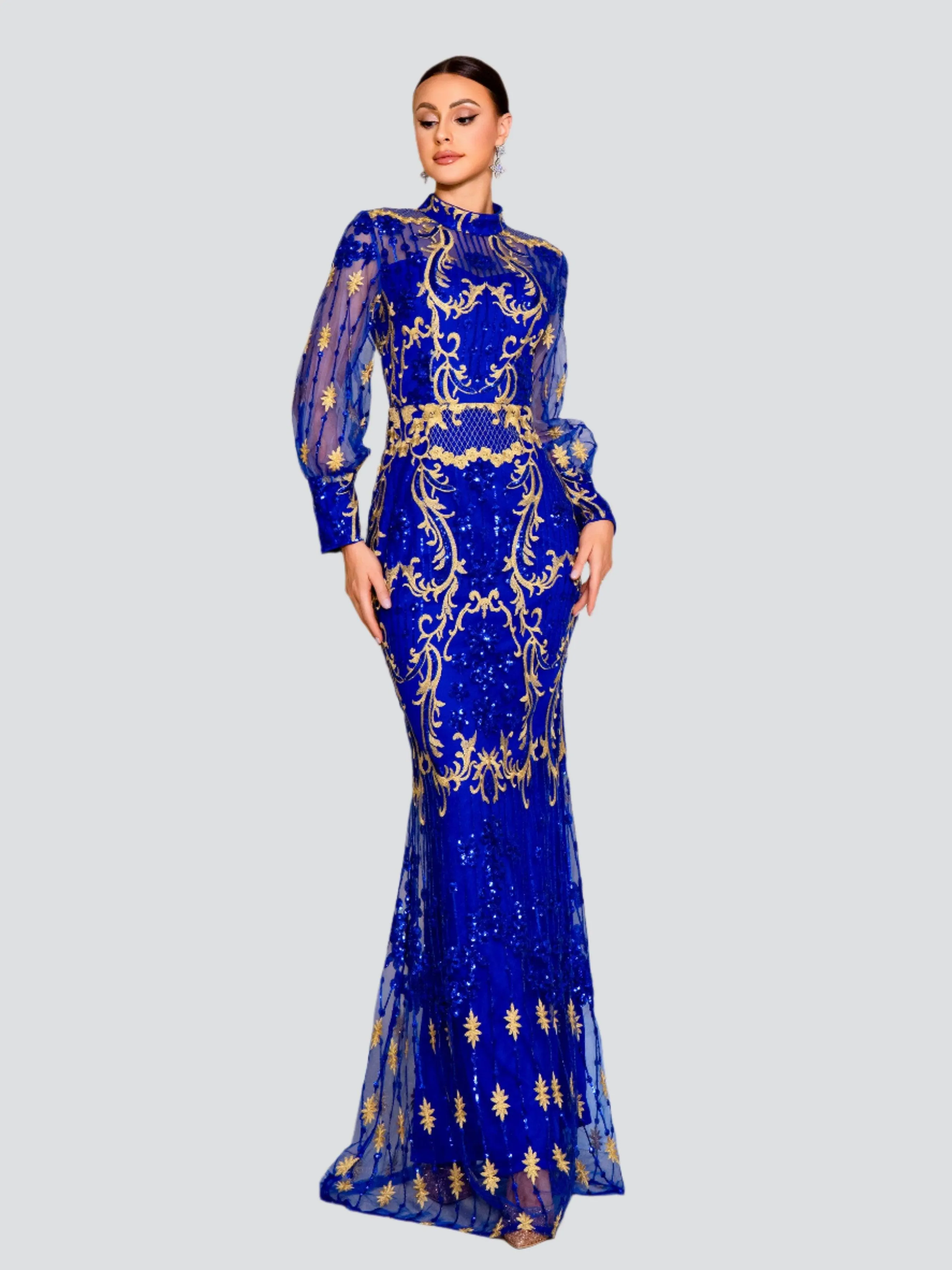 Stand Collar Lantern Sleeve Sequin Dress GM00401