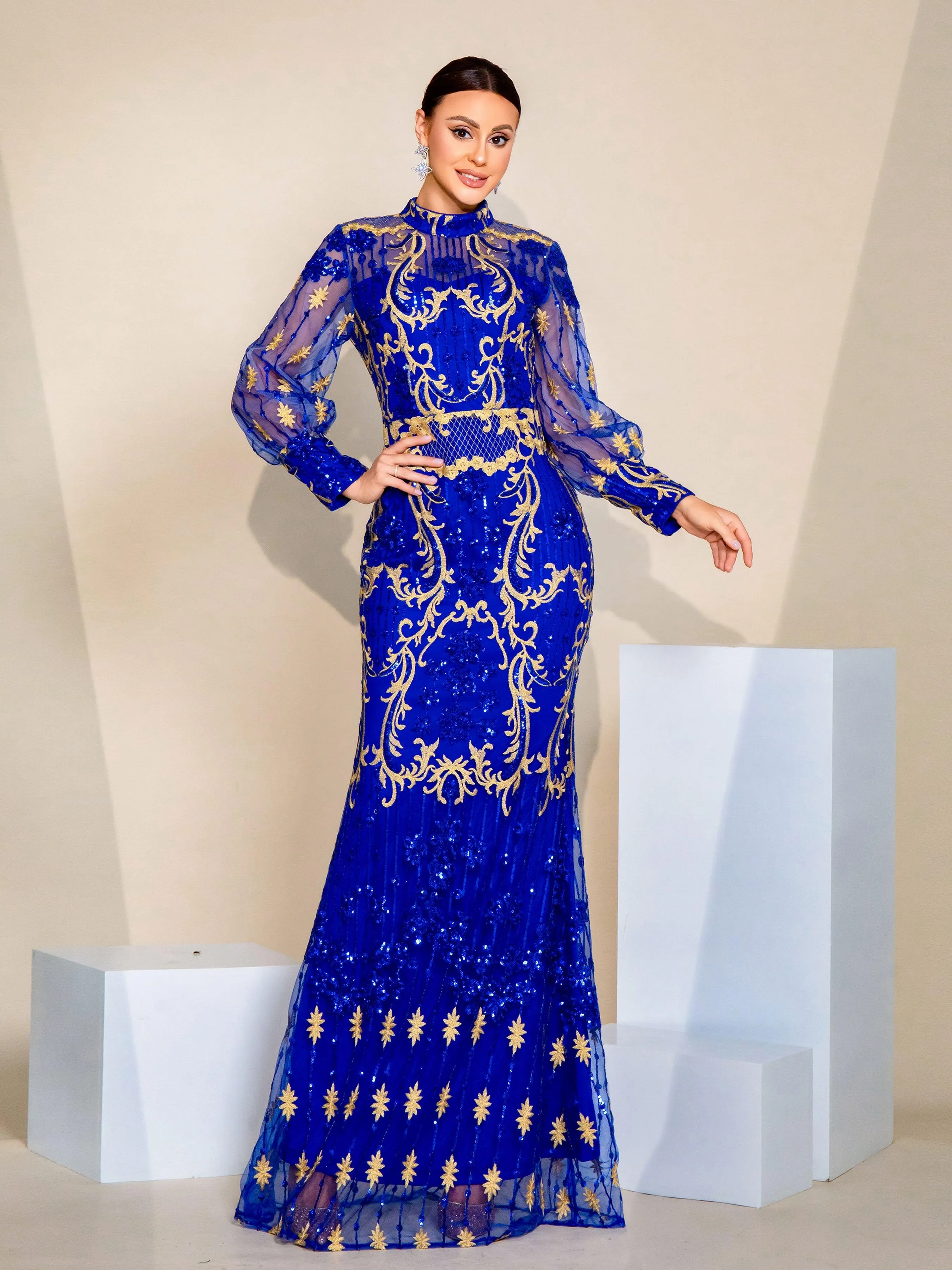 Stand Collar Lantern Sleeve Sequin Dress GM00401