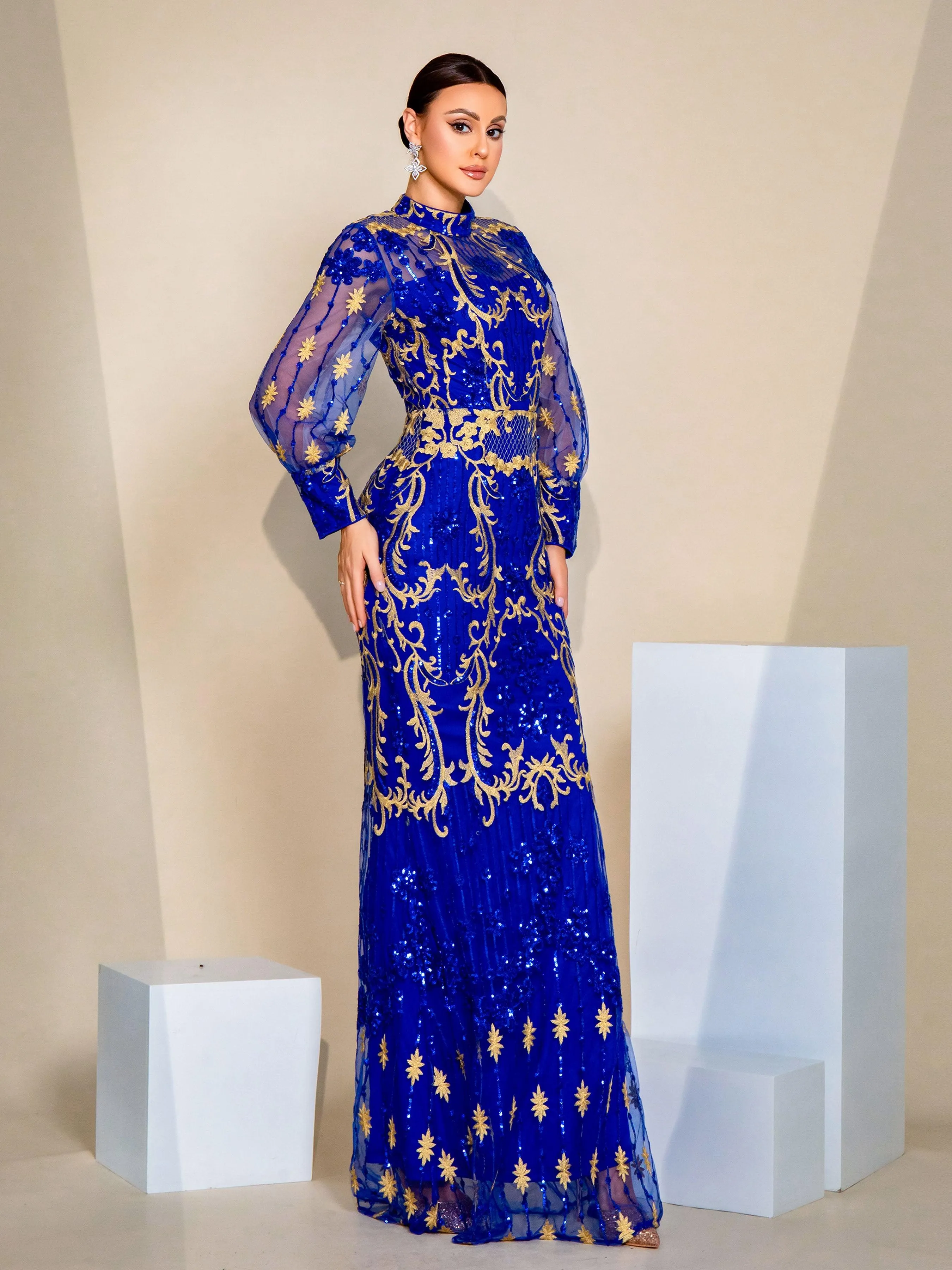 Stand Collar Lantern Sleeve Sequin Dress GM00401