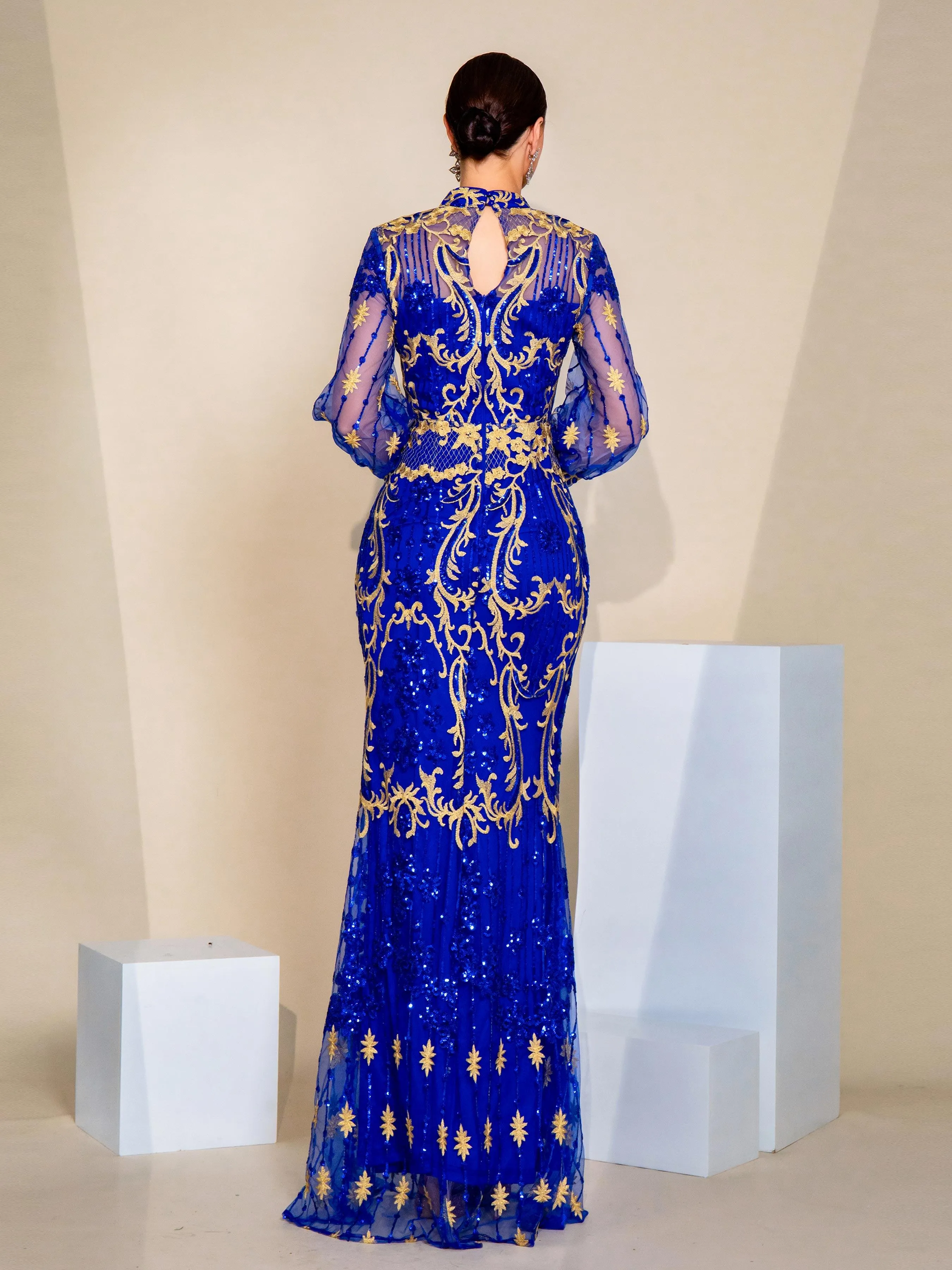 Stand Collar Lantern Sleeve Sequin Dress GM00401