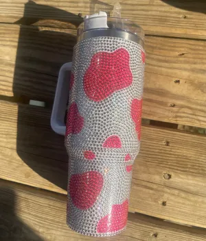 StanYES PINK RHINESTONE COW PRINT 40oz TUMBLER W HANDLE & STRAW