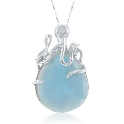 Sterling Silver Octopus and Blue Larimar Necklace (92150)