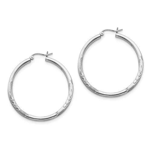 Sterling Silver Rhodium-Plated 2.50mm Satin Diamond-Cut Hoop Earrings