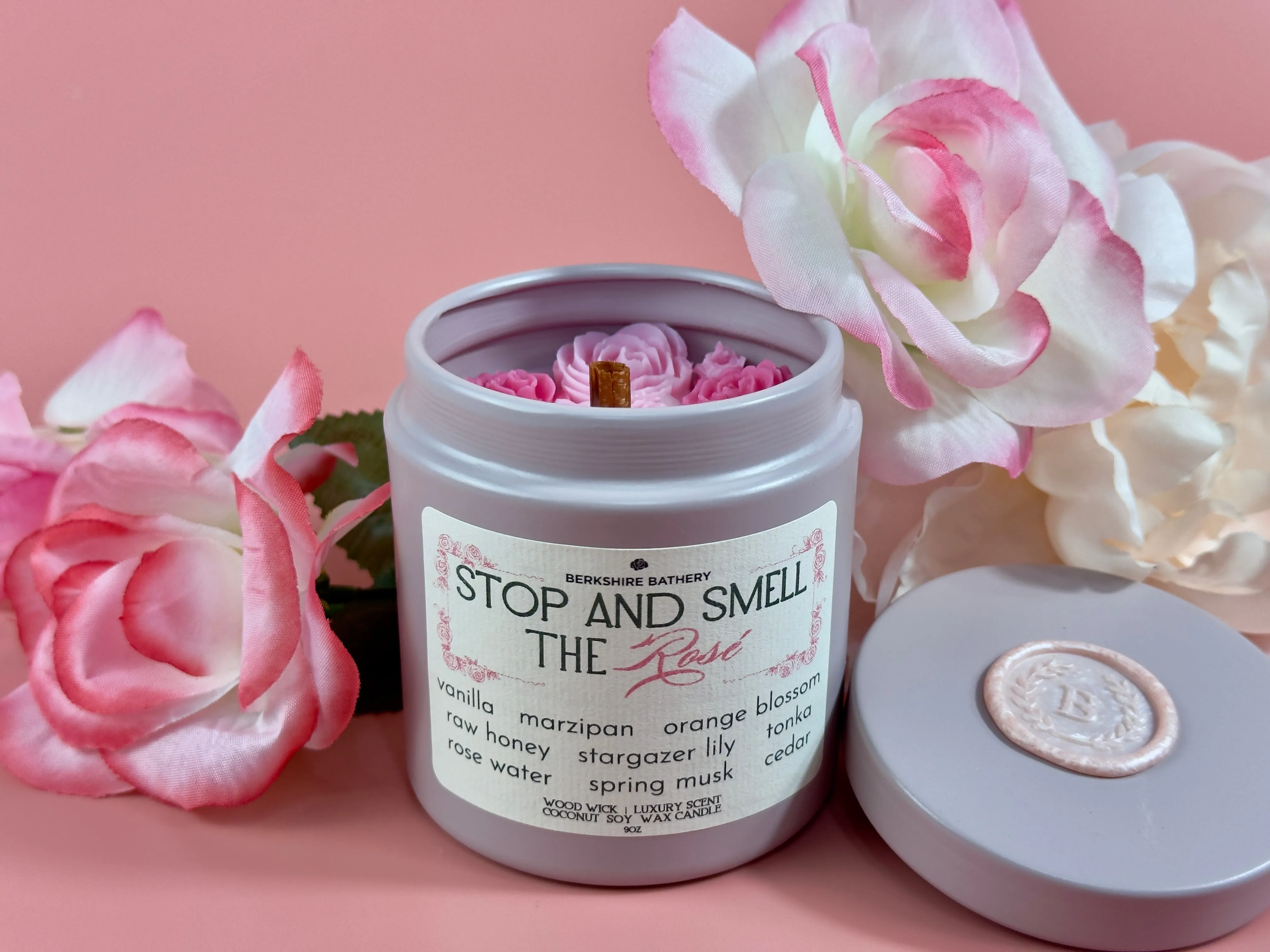 STOP AND SMELL THE ROSÉ | Marzipan Rose - 9oz Wood Wick Candle Tin