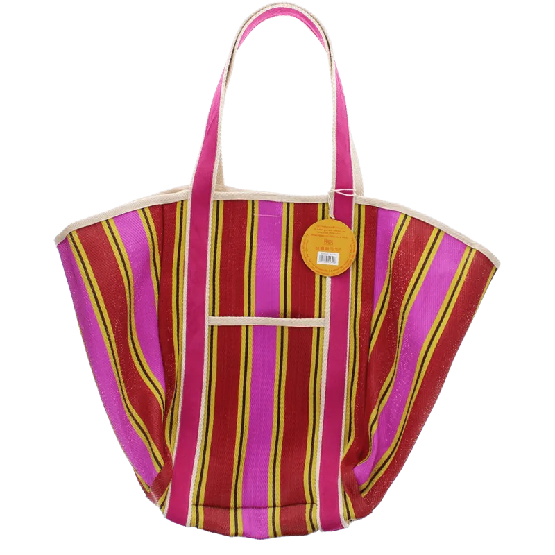 Striped Recycled Woven Tote Bag with Canvas Handles - Yellow, Pink & Red