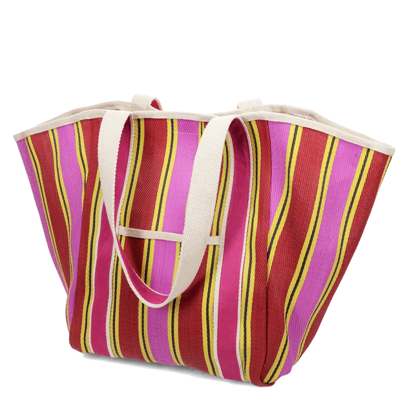 Striped Recycled Woven Tote Bag with Canvas Handles - Yellow, Pink & Red