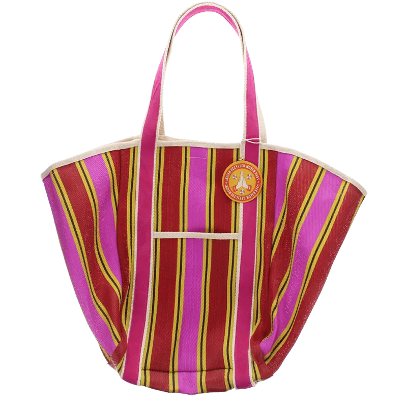 Striped Recycled Woven Tote Bag with Canvas Handles - Yellow, Pink & Red