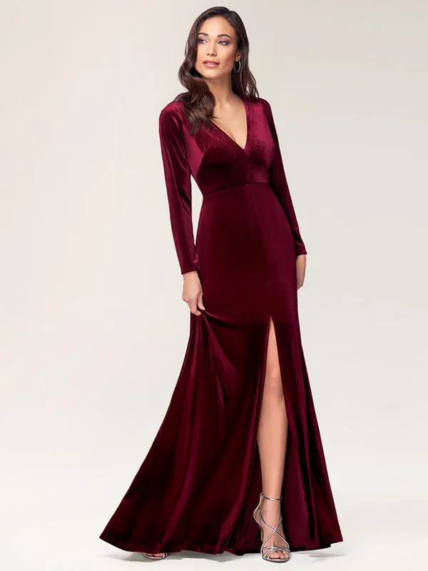 Stunning Burgundy Evening Dress Sheath Long Sleeve V-Neck Velour Social Party Dresses