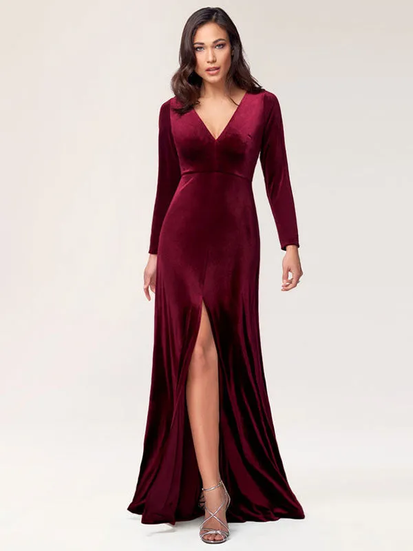 Stunning Burgundy Evening Dress Sheath Long Sleeve V-Neck Velour Social Party Dresses