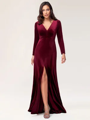 Stunning Burgundy Evening Dress Sheath Long Sleeve V-Neck Velour Social Party Dresses