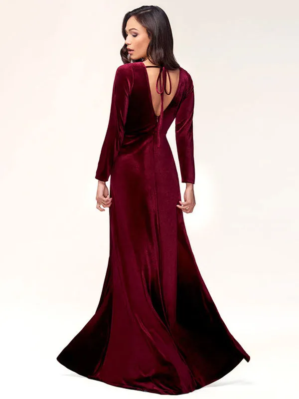 Stunning Burgundy Evening Dress Sheath Long Sleeve V-Neck Velour Social Party Dresses