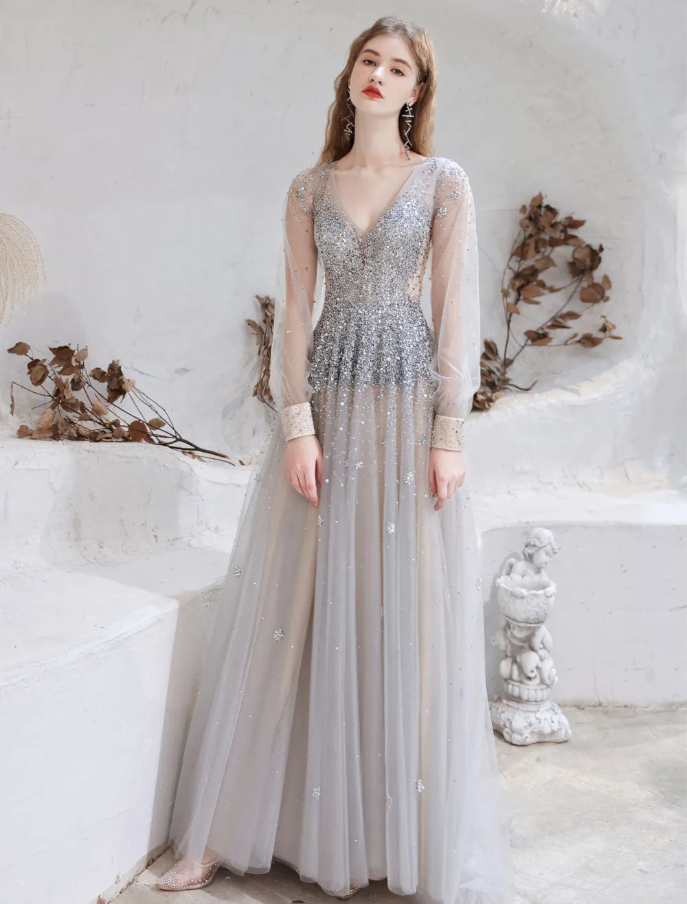 Stunning Evening Dress Light Grey A Line Jewel Neck With Train Long Sleeves Zipper Formal Dinner Pageant Dress