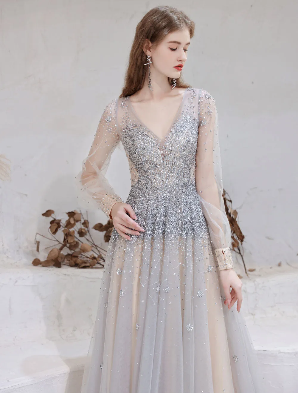 Stunning Evening Dress Light Grey A Line Jewel Neck With Train Long Sleeves Zipper Formal Dinner Pageant Dress