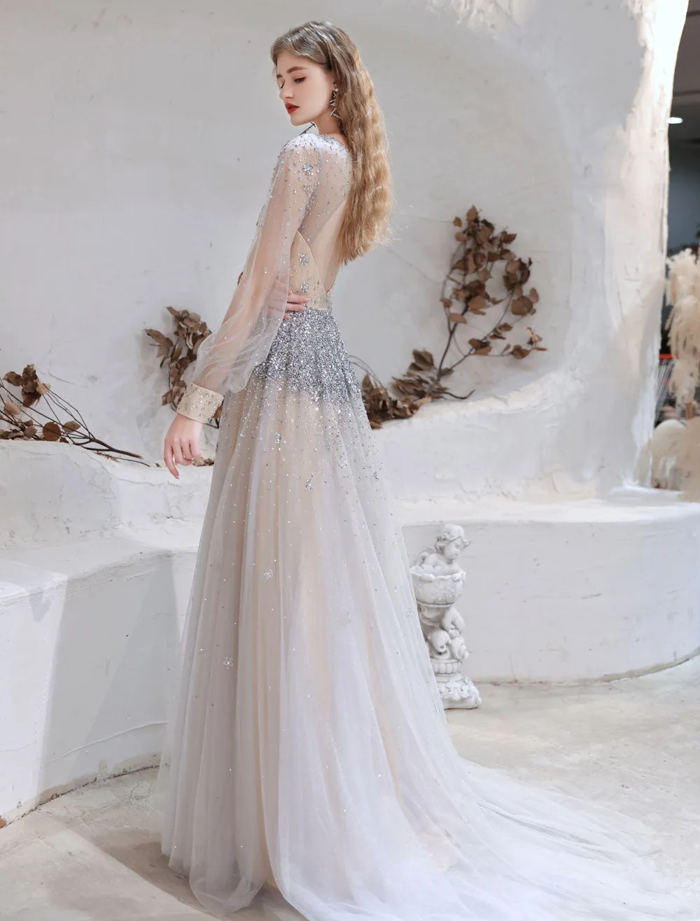 Stunning Evening Dress Light Grey A Line Jewel Neck With Train Long Sleeves Zipper Formal Dinner Pageant Dress