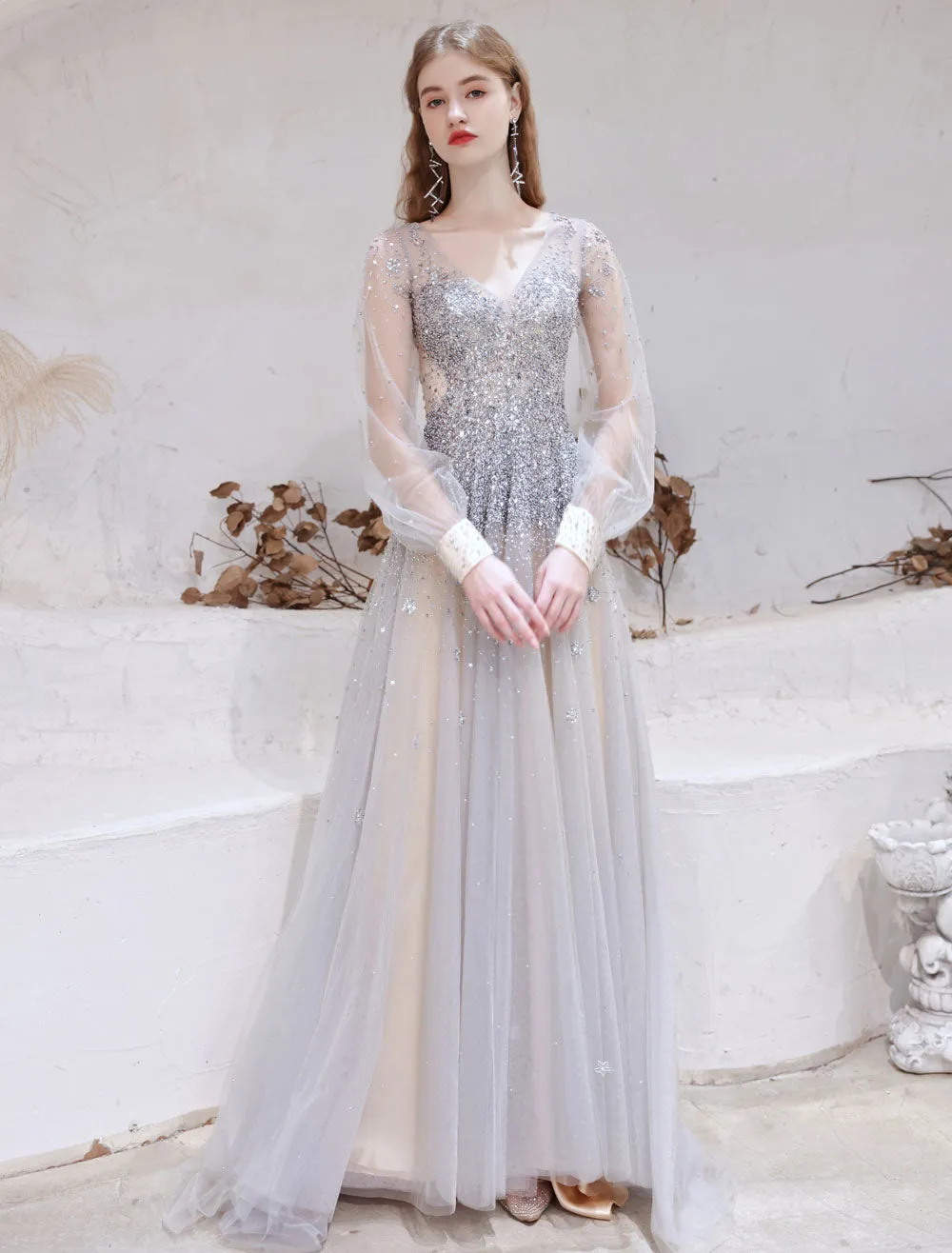 Stunning Evening Dress Light Grey A Line Jewel Neck With Train Long Sleeves Zipper Formal Dinner Pageant Dress