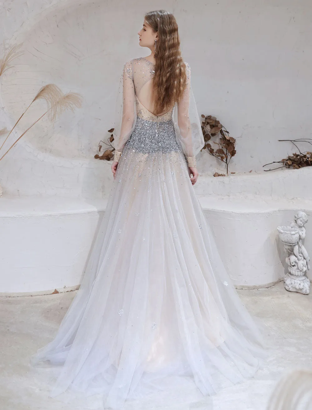 Stunning Evening Dress Light Grey A Line Jewel Neck With Train Long Sleeves Zipper Formal Dinner Pageant Dress