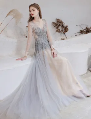 Stunning Evening Dress Light Grey A Line Jewel Neck With Train Long Sleeves Zipper Formal Dinner Pageant Dress