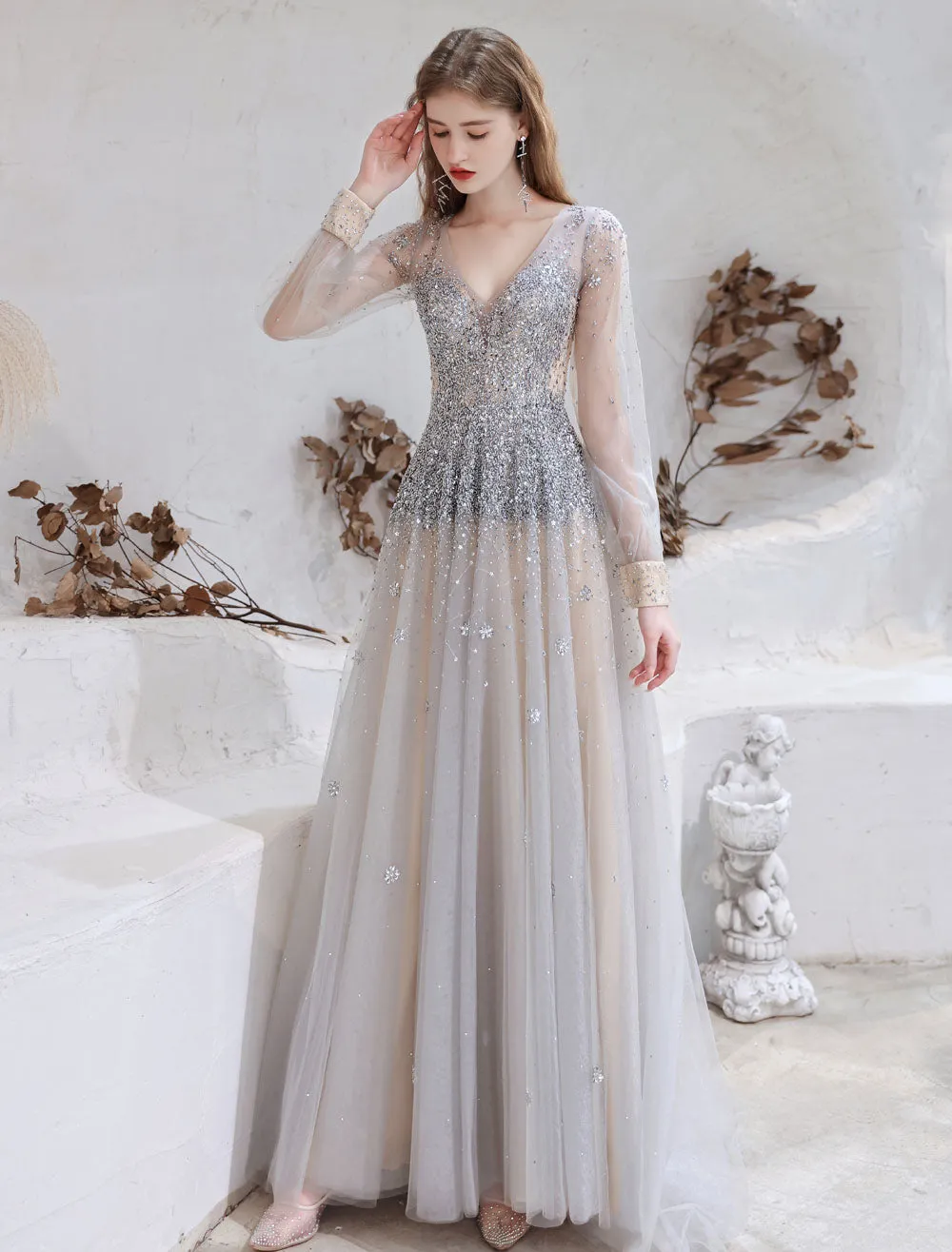 Stunning Evening Dress Light Grey A Line Jewel Neck With Train Long Sleeves Zipper Formal Dinner Pageant Dress