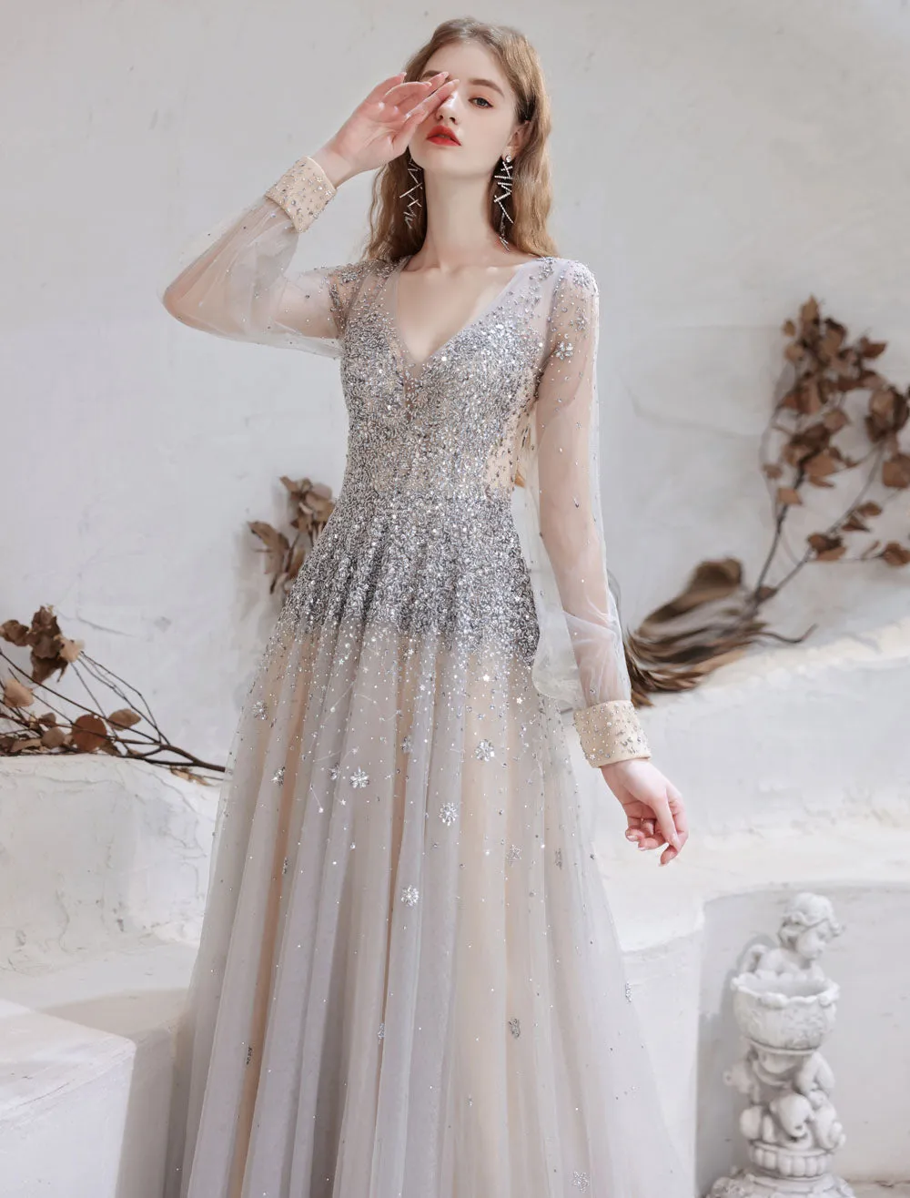 Stunning Evening Dress Light Grey A Line Jewel Neck With Train Long Sleeves Zipper Formal Dinner Pageant Dress