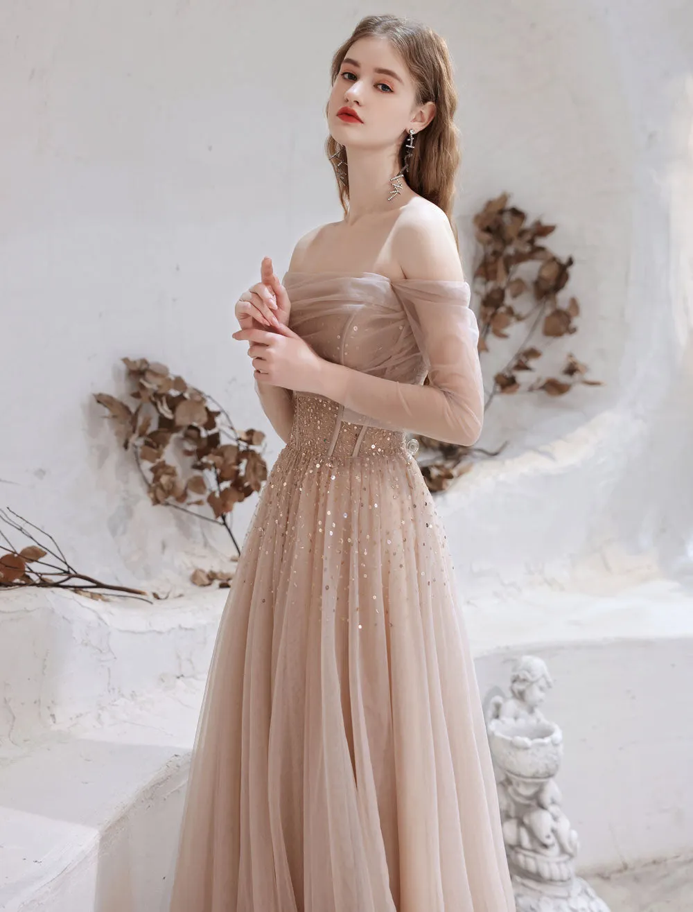 Stunning Evening Dress Nude Color A Line Bateau Neck Floor Length Sequins Formal Party Dresses Pageant Dress