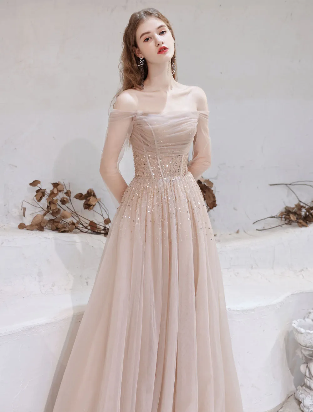 Stunning Evening Dress Nude Color A Line Bateau Neck Floor Length Sequins Formal Party Dresses Pageant Dress