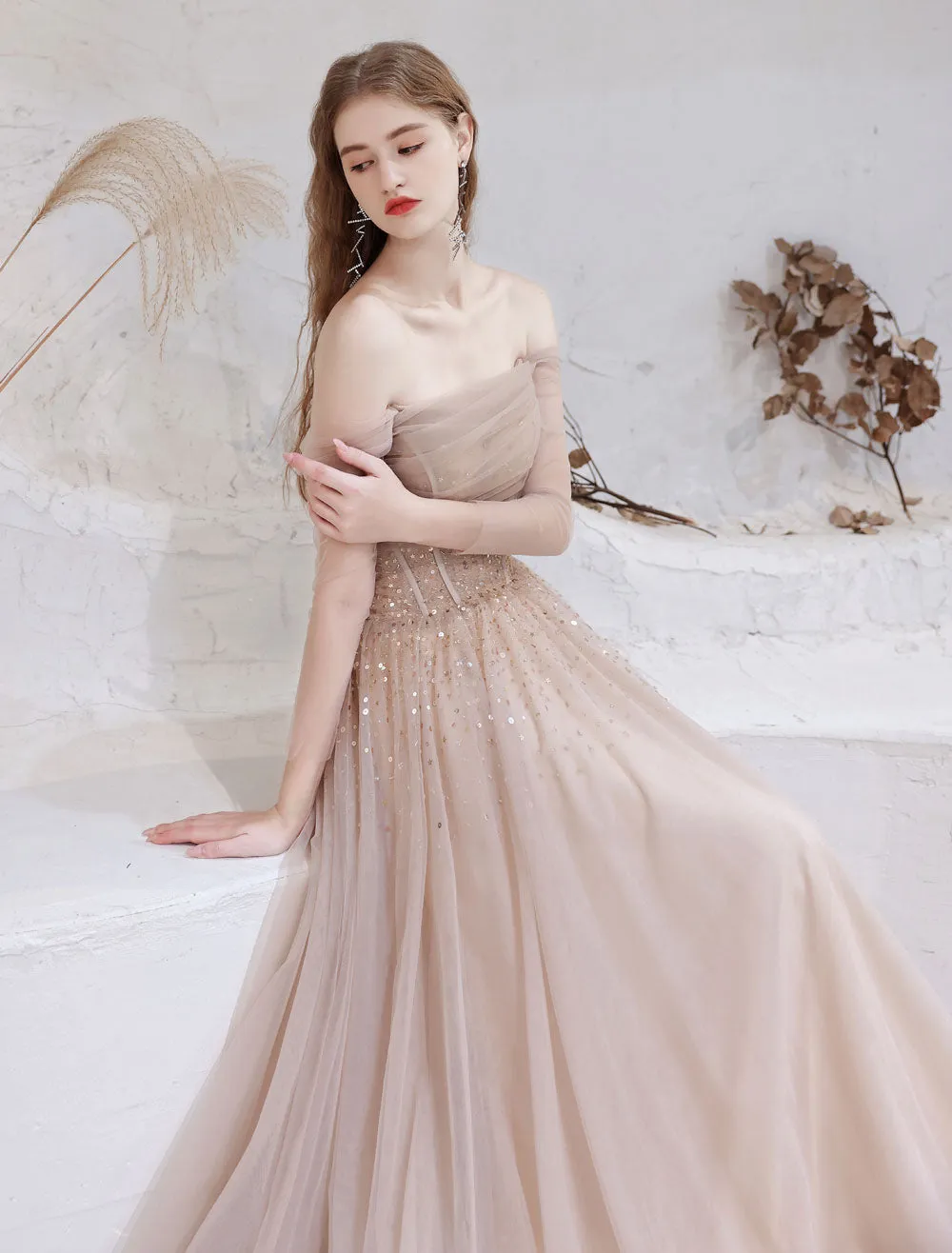 Stunning Evening Dress Nude Color A Line Bateau Neck Floor Length Sequins Formal Party Dresses Pageant Dress
