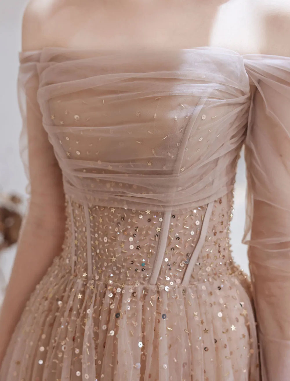 Stunning Evening Dress Nude Color A Line Bateau Neck Floor Length Sequins Formal Party Dresses Pageant Dress