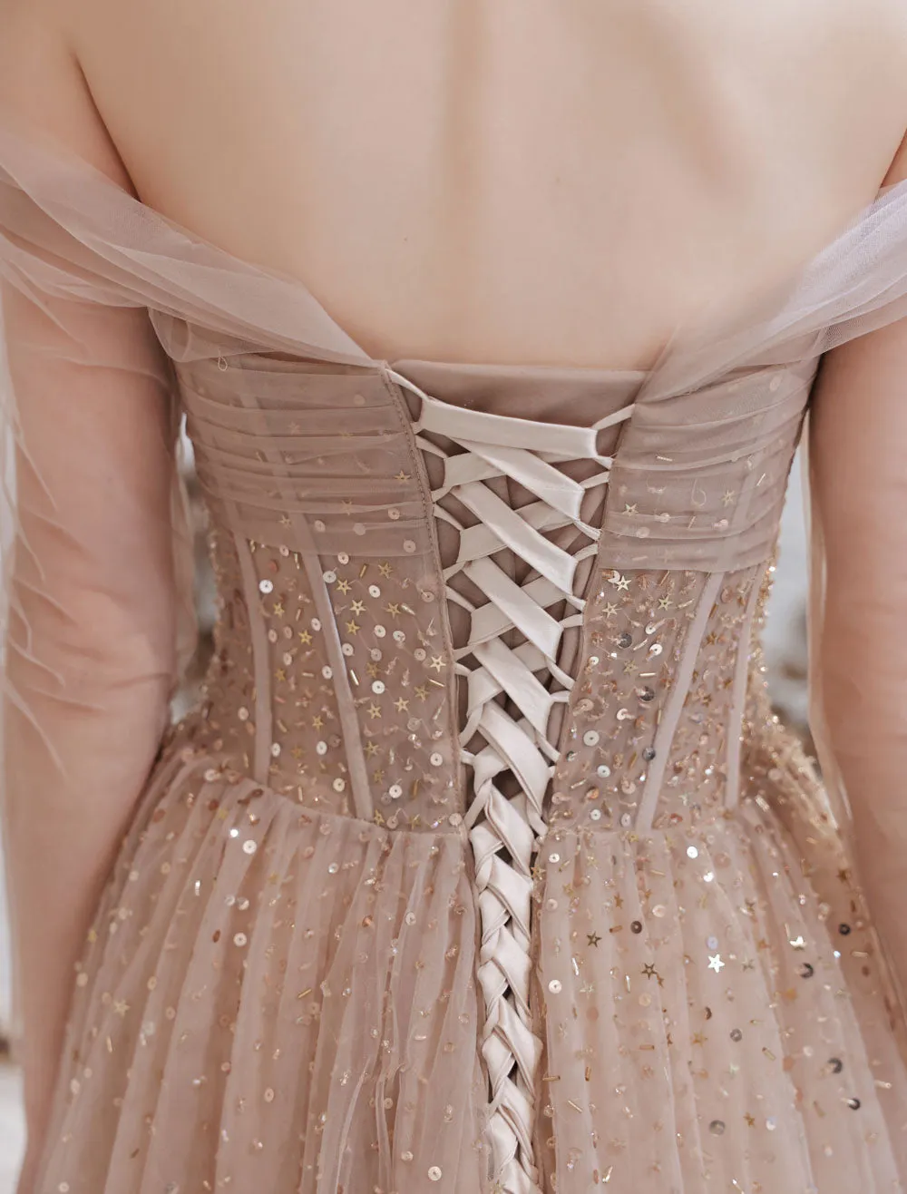 Stunning Evening Dress Nude Color A Line Bateau Neck Floor Length Sequins Formal Party Dresses Pageant Dress
