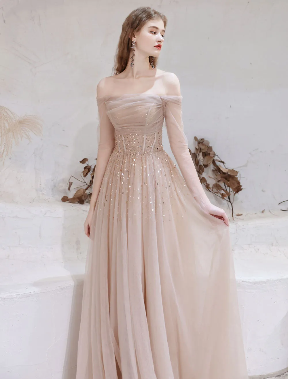 Stunning Evening Dress Nude Color A Line Bateau Neck Floor Length Sequins Formal Party Dresses Pageant Dress