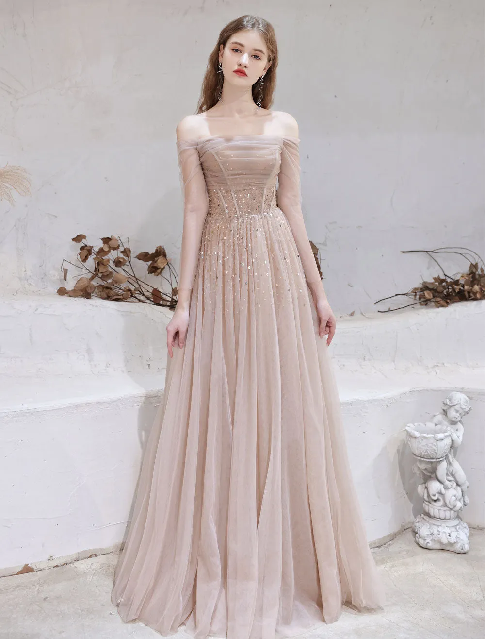 Stunning Evening Dress Nude Color A Line Bateau Neck Floor Length Sequins Formal Party Dresses Pageant Dress