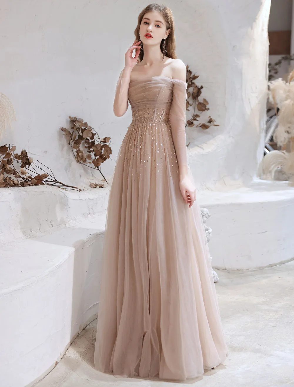 Stunning Evening Dress Nude Color A Line Bateau Neck Floor Length Sequins Formal Party Dresses Pageant Dress